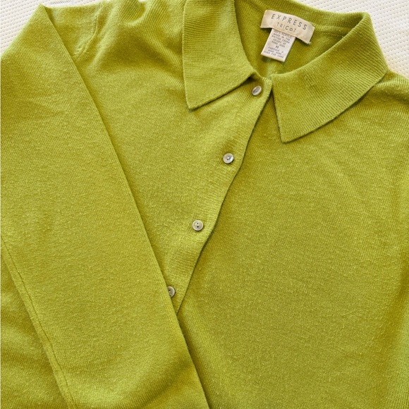 Vintage 90s Express Tricot Collar Cardigan Sweater Boxy Chartreuse Medium Grunge - Picture 9 of 10